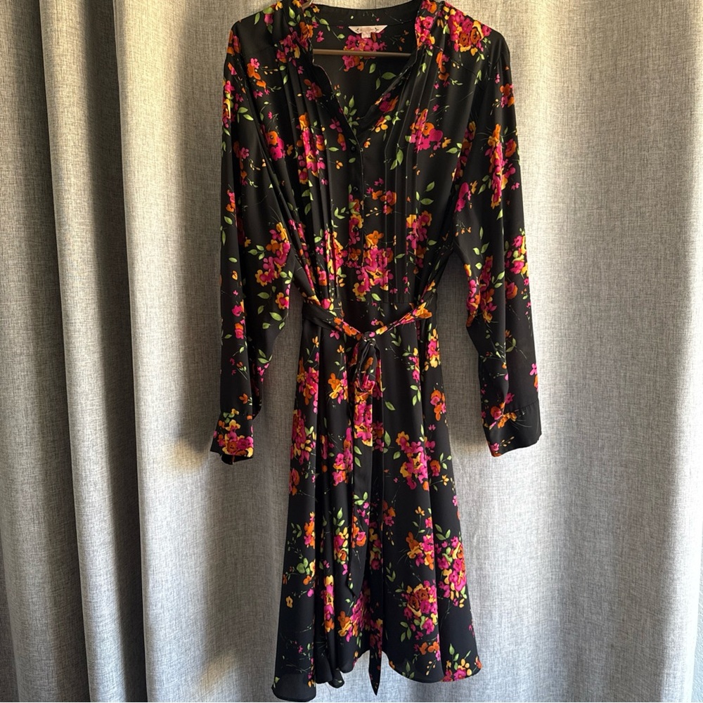 NANETTE women’s 18 W black dress floral knee long sleeve button tie belt color‎ - Picture 6 of 16